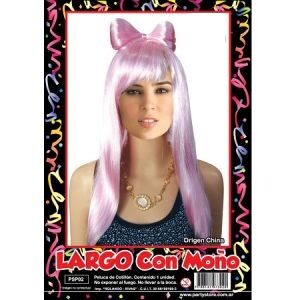 Peluca Rosa Largo con Moño PSP02